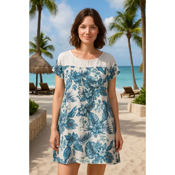 Lungo L'Arno Linen Dress 1X Lagenlook Women's 1X White Blue Floral Short Sleeve - Picture 1 of 10
